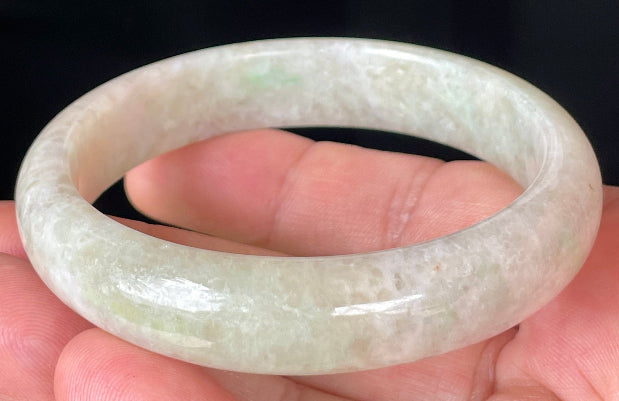Rounded classic profile of 59.8mm icy honey, milky white and imperial green Burmese jade bangle JB352