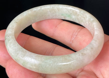 Rounded classic profile of 59.8mm icy honey, milky white and imperial green Burmese jade bangle JB352