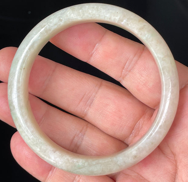 Rounded classic profile of 59.8mm icy honey, milky white and imperial green Burmese jade bangle JB352