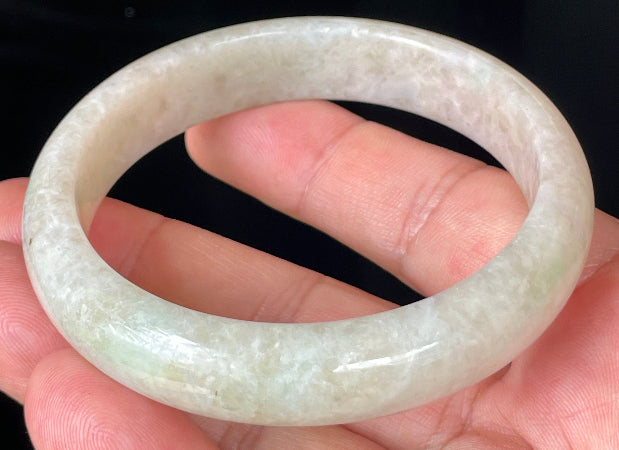 Rounded classic profile of 59.8mm icy honey, milky white and imperial green Burmese jade bangle JB352