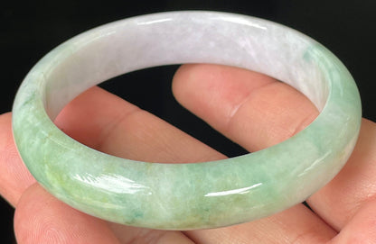 Rounded classic profile of 57mm icy lavender, milky white and green Burmese jade bangle JB356