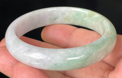 Rounded classic profile of 57mm icy lavender, milky white and green Burmese jade bangle JB356