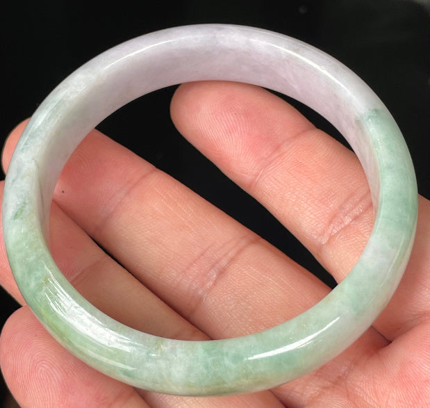 Rounded classic profile of 57mm icy lavender, milky white and green Burmese jade bangle JB356
