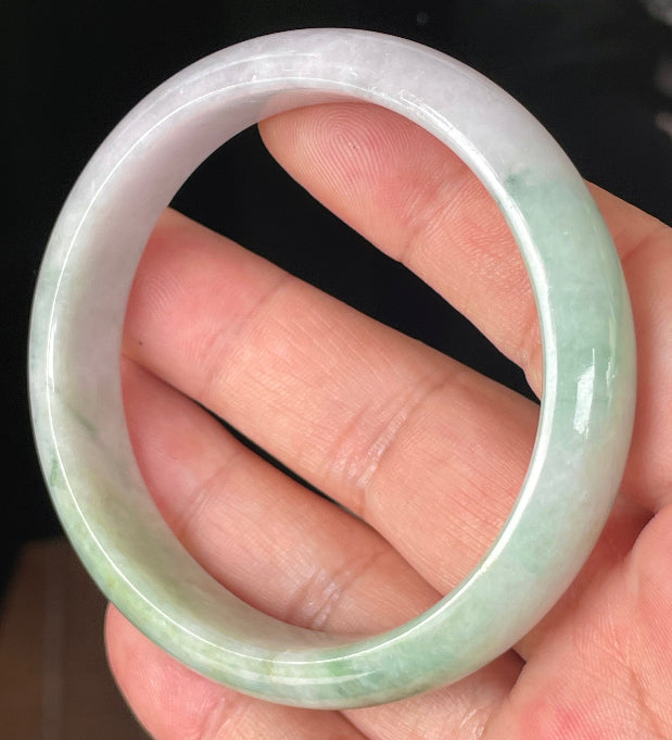 Rounded classic profile of 57mm icy lavender, milky white and green Burmese jade bangle JB356