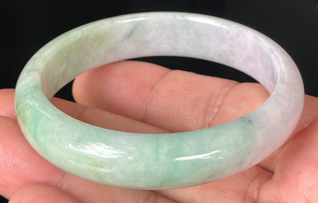Rounded classic profile of 57mm icy lavender, milky white and green Burmese jade bangle JB356