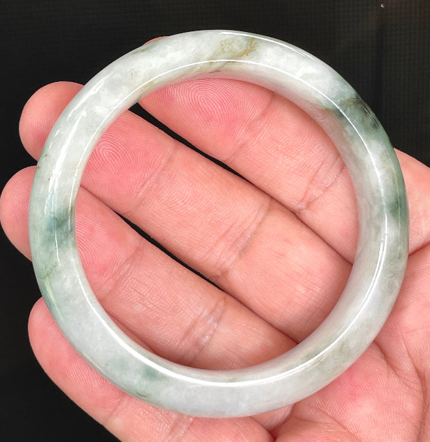 Flat inner and round outer edges of 54.7mm icy greyish white, imperial green, and apple green Burmese jade bangle JB824