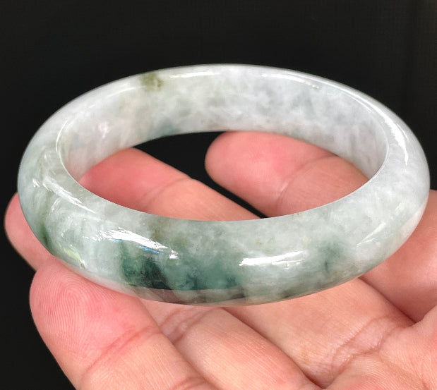 Flat inner and round outer edges of 54.7mm icy greyish white, imperial green, and apple green Burmese jade bangle JB824