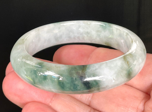 Flat inner and round outer edges of 54.7mm icy greyish white, imperial green, and apple green Burmese jade bangle JB824