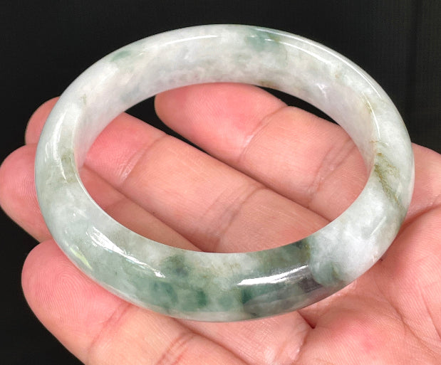 Flat inner and round outer edges of 54.7mm icy greyish white, imperial green, and apple green Burmese jade bangle JB824