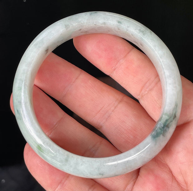Flat inner and round outer edges of 58.4mm greyish white, apple green, and imperial green Burmese jade bangle JB831