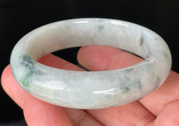 Flat inner and round outer edges of 58.4mm greyish white, apple green, and imperial green Burmese jade bangle JB831