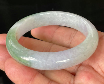 Flat inner and round outer edges of 55.2mm icy light lavender, milky white, and apple green Burmese jade bangle JB854