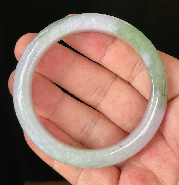 Flat inner and round outer edges of 55.2mm icy light lavender, milky white, and apple green Burmese jade bangle JB854