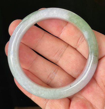 Flat inner and round outer edges of 55.2mm icy light lavender, milky white, and apple green Burmese jade bangle JB854