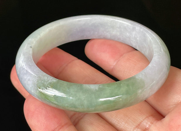 Flat inner and round outer edges of 55.2mm icy light lavender, milky white, and apple green Burmese jade bangle JB854