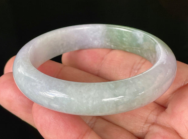 Flat inner and round outer edges of 55.2mm icy light lavender, milky white, and apple green Burmese jade bangle JB854