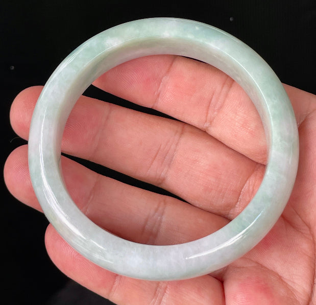 Flat inner and round outer edges of 58.3mm icy imperial green, apple green, and milky white Burmese jade bangle JB875