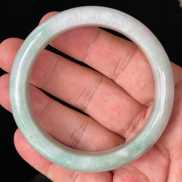 Flat inner and round outer edges of 58.3mm icy imperial green, apple green, and milky white Burmese jade bangle JB875