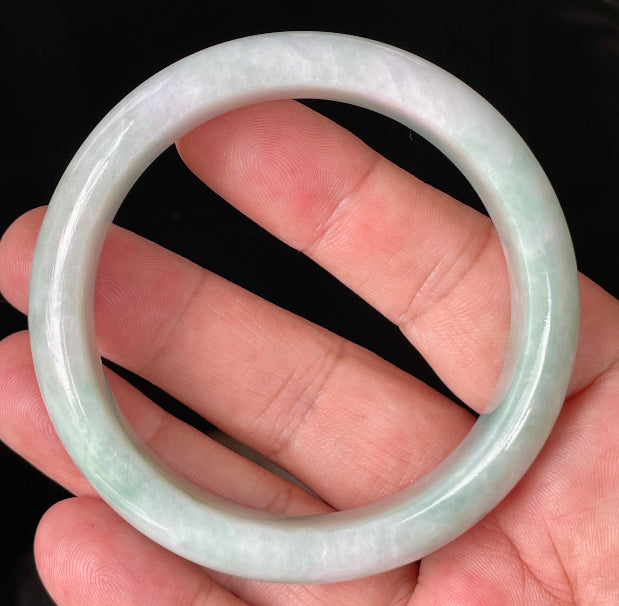 Flat inner and round outer edges of 58.3mm icy imperial green, apple green, and milky white Burmese jade bangle JB875