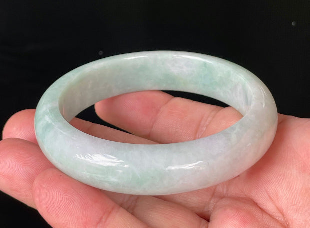 Flat inner and round outer edges of 58.3mm icy imperial green, apple green, and milky white Burmese jade bangle JB875