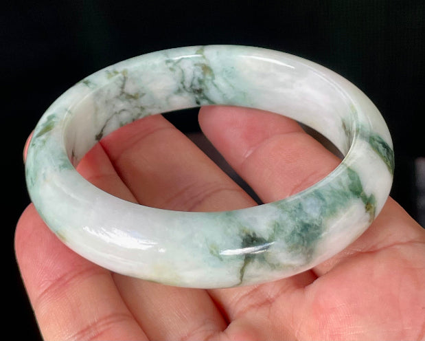 Flat inner and round outer edges of 57.8mm icy imperial green, apple green, and milky white Burmese jade bangle JB877