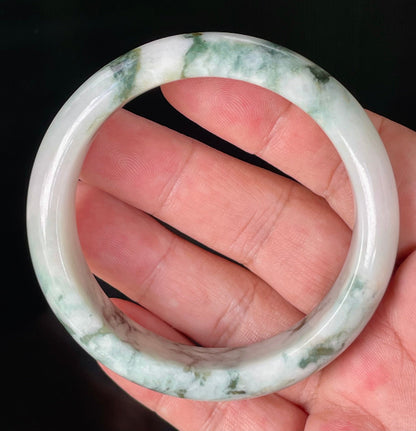 Flat inner and round outer edges of 57.8mm icy imperial green, apple green, and milky white Burmese jade bangle JB877