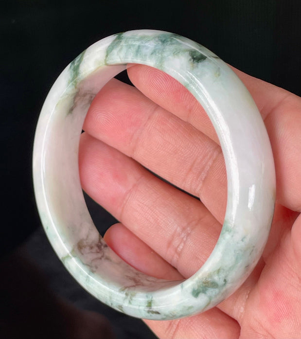 Flat inner and round outer edges of 57.8mm icy imperial green, apple green, and milky white Burmese jade bangle JB877