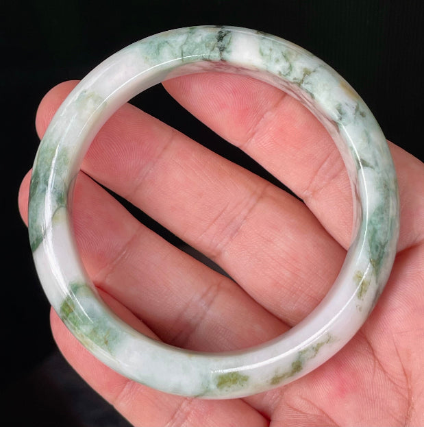 Flat inner and round outer edges of 57.8mm icy imperial green, apple green, and milky white Burmese jade bangle JB877