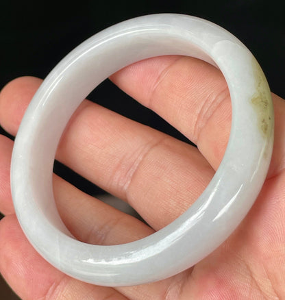 Rounded classic profile of 53.4mm icy white, green and honey Burmese jade bangle JB354