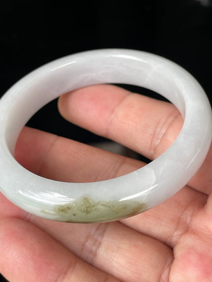 Rounded classic profile of 53.4mm icy white, green and honey Burmese jade bangle JB354