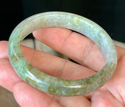 Rounded classic profile of 58.8mm icy grayish white, green and honey Burmese jade bangle JB512