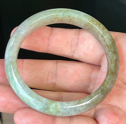Rounded classic profile of 58.8mm icy grayish white, green and honey Burmese jade bangle JB512