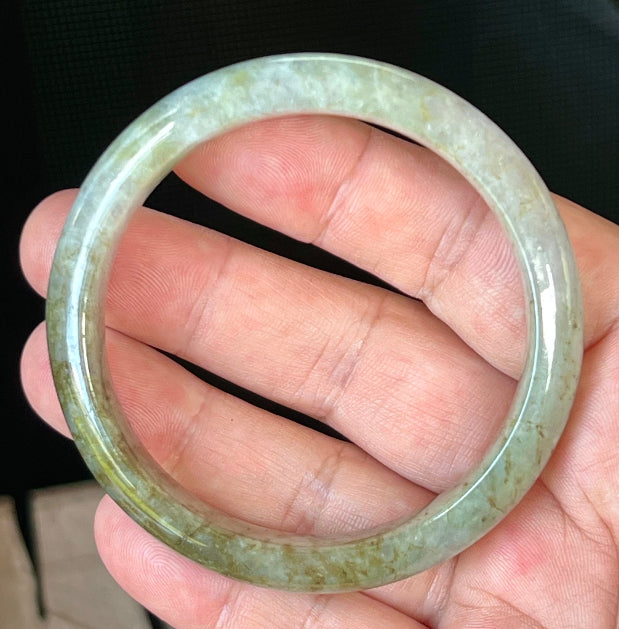Rounded classic profile of 58.8mm icy grayish white, green and honey Burmese jade bangle JB512