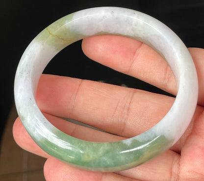 Rounded classic profile of 58.6mm icy greyish white, apple and forest green Burmese jade bangle JB095