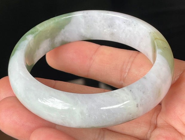 Rounded classic profile of 58.6mm icy greyish white, apple and forest green Burmese jade bangle JB095