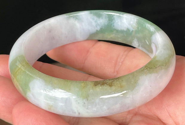 Rounded classic profile of 58.6mm icy greyish white, apple and forest green Burmese jade bangle JB095