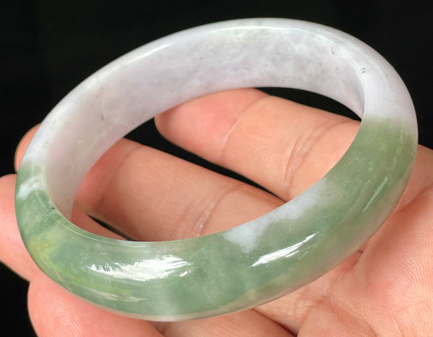 Rounded classic profile of 58.5mm icy greyish white, apple and imperial green Burmese jade bangle JB096