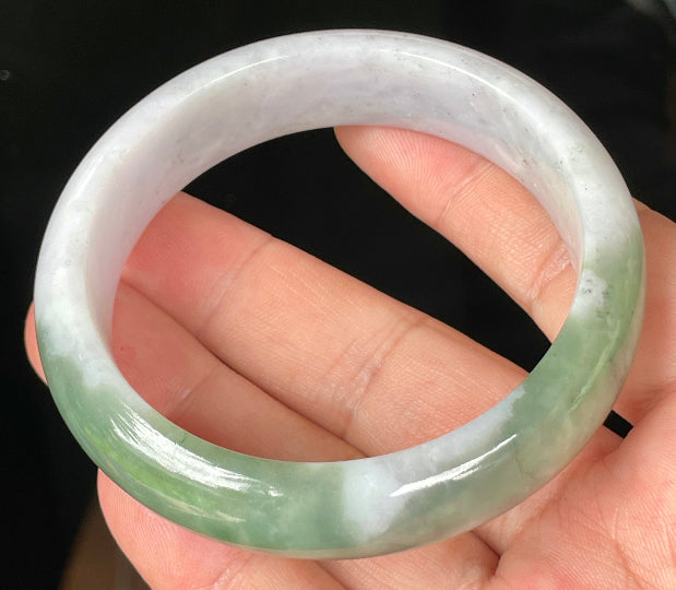Rounded classic profile of 58.5mm icy greyish white, apple and imperial green Burmese jade bangle JB096