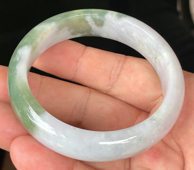 Rounded classic profile of 58.5mm icy greyish white, apple and imperial green Burmese jade bangle JB096