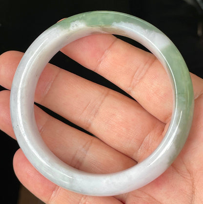 Rounded classic profile of 58.5mm icy greyish white, apple and imperial green Burmese jade bangle JB096