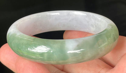 Rounded classic profile of 58.5mm icy greyish white, apple and imperial green Burmese jade bangle JB096