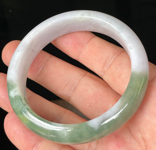 Rounded classic profile of 58.5mm icy greyish white, apple and imperial green Burmese jade bangle JB096
