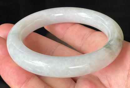 Princess cut profile of 57.8mm icy white and imperial green Burmese jade bangle JB155
