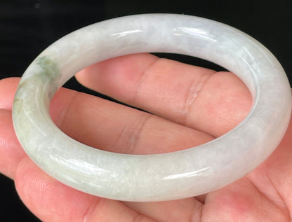 Princess cut profile of 57.8mm icy white and imperial green Burmese jade bangle JB155