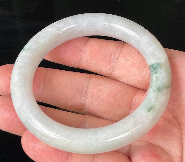 Princess cut profile of 57.8mm icy white and imperial green Burmese jade bangle JB155