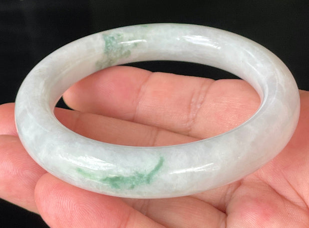 Princess cut profile of 57.8mm icy white and imperial green Burmese jade bangle JB155