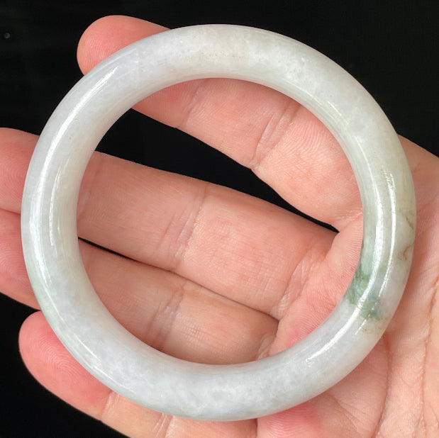 Princess cut profile of 57.8mm icy white and imperial green Burmese jade bangle JB155
