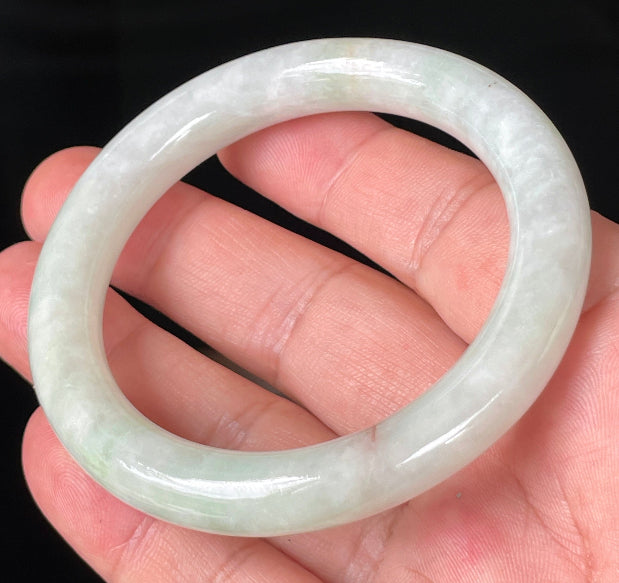 Princess cut profile of 55.8mm icy white and apple green Burmese jade bangle JB157