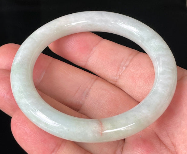 Princess cut profile of 55.8mm icy white and apple green Burmese jade bangle JB157