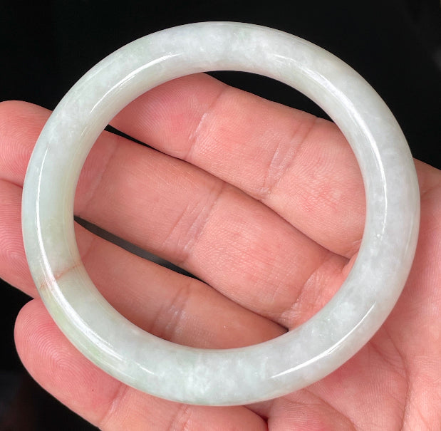 Princess cut profile of 55.8mm icy white and apple green Burmese jade bangle JB157